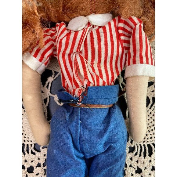 VINTAGE CLOTH DOLL - Celluloid Painted Face - 1950s - Red Hair - Green Eyes - Picture 7 of 8